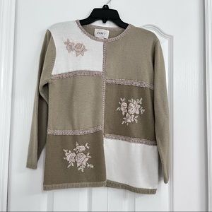 Jenny womens vintage embroidered color block sweater tan small